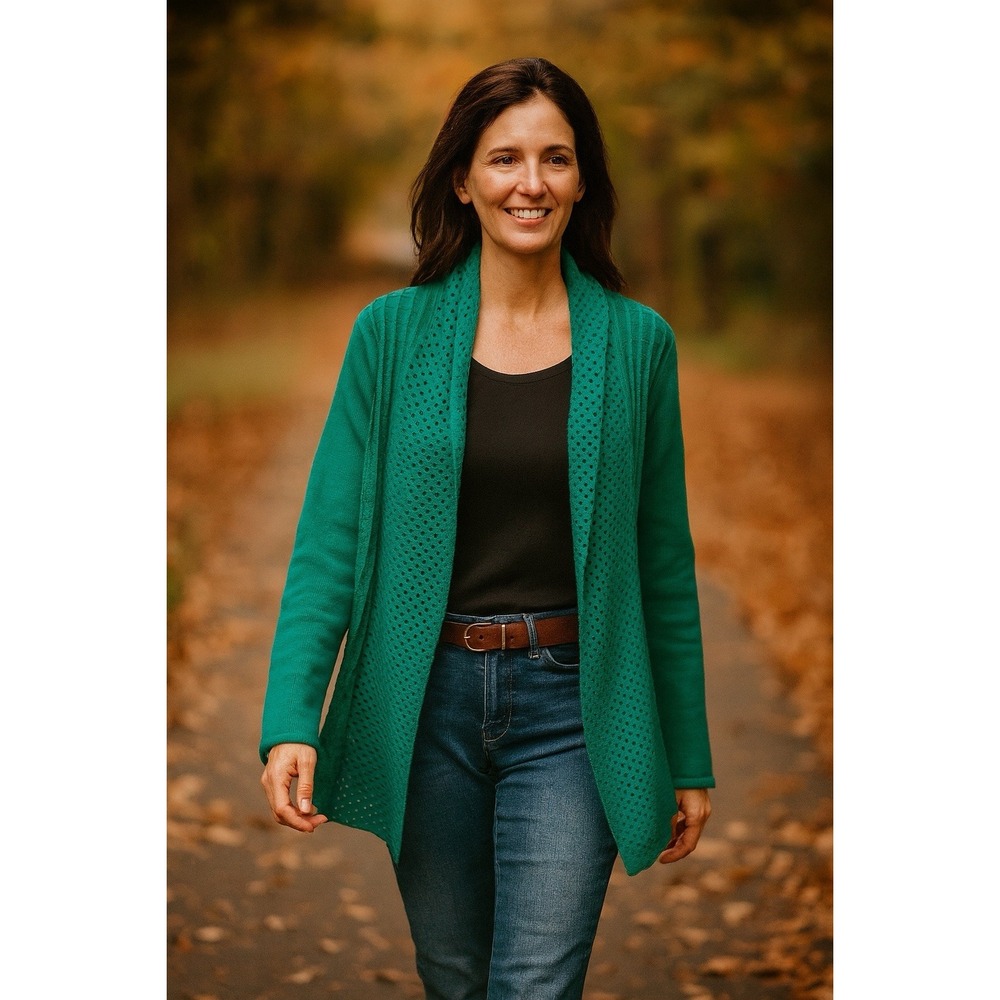 Kim Rogers Turquoise Green Open Front Pointelle Knit Cardigan Sweater Womens M